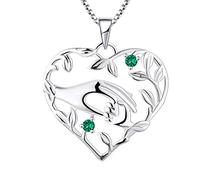 YL Mum Heart Necklace 925 Sterling Silver Mom Hold Child's Hand cut May Birthstone Green Cubic Zirconia Pendant Gifts for Mum Women