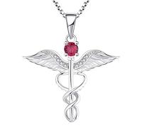 YL Nurse Necklace 925 Sterling Silver cut July Birthstone Ruby Angel Wings Caduceus RN Registered Pendant Necklace