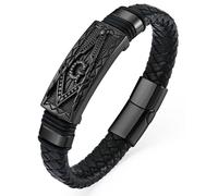 YL Skull Cross Masonic Christian Military Hero Mens Bracelet, Religious Handcrafted Black Braided Leather Cuff Stainless Steel Bangle Punk Wristband Jewelry for Men Women, 8.27 Inches, Leather, no