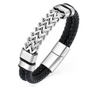 YL Viking Buckle Totem Link Chain Mens Bracelet, Stacked Handcrafted Double Row Strand Black Braided Leather Cuff Stainless Steel Bangle Punk Wristband Jewelry for Men Women, 8.27 Inches, Leather, no