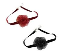 Ylapagne 2 Pcs Camellia Flower Necklace, Velvet Black Red Dark Choker Collarbone Chain, Lolita Sexy Rose Collar Neck Chain, Adjustable Soft Bridal Wedding Halloween Party Neck Jewelry for Women
