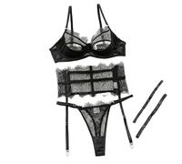 YLCYDLYU Lingerie Sets For Women Hollow Lace Underwear Suit Women Solid Color Garter Stockings Underwear Four Piece Set-Black-M