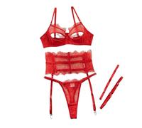 YLCYDLYU Lingerie Sets For Women Hollow Lace Underwear Suit Women Solid Color Garter Stockings Underwear Four Piece Set-Red-XL