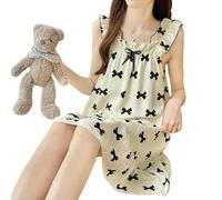 YLCYDLYU Nightdress Women'S Summer Suspender Nightdress Printed Sleeveless Loose Bow Bubble Cotton Home Clothes-Black-L