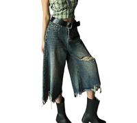 YLCYDLYU Women'S Capri Pants Women'S Raw Edge Jeans High Waist Fashion Retro Loose Wide Leg Capri Pants-Blue-M