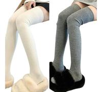 YLCYDLYU Women'S Socks 2 Pairs Of Women'S Solid Color Knitted Casual Knee-High Fluffy Soft Socks-Grey White-2pairs-One Size