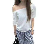 YLCYDLYU Women'S T-Shirts T-Shirt Women'S Off-Shoulder Solid Color Short-Sleeved Summer Fashion Loose Casual Simple Top-White-L