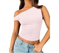 YLCYDLYU Women'S T-Shirts Women'S Off Shoulder Sleeveless Solid Color Cropped T-Shirt Vest-Pink-M