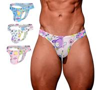YLCZY Men's Sexy Cartoon Thong Underwear High Cross G String Low Rise Graffiti Print Bikini for Men 3Pack