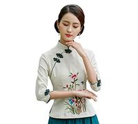 YLfly Mandarin Collar Chinese Tang Shirt Blossom Qipao Tops 3/4 Sleeve Traditional Blouse Women's (Beige,16)