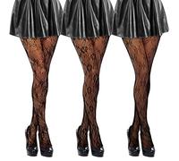 Ylinge 3 Pairs Women's Patterned Fishnet Tights Lace Floral Pantyhose High Waist Fishnet Stockings Black Patterned Tights for Women