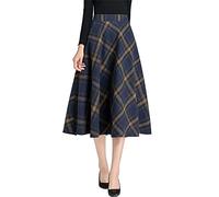 Ylingjun Long Plaid Wool Skirt for Womens Winter Fall High Elastic Waist A Line Flared Pleated Wool Skirts, Navy/Mid-Calf, Medium