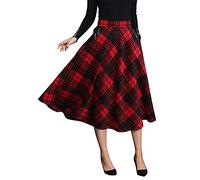 Ylingjun Long Plaid Wool Skirt for Womens Winter Fall High Elastic Waist A Line Flared Pleated Wool Skirts, Red/Mid-calf, Large