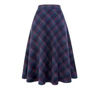 Ylingjun Long Plaid Wool Skirt for Womens Winter Fall Warm High Elastic Waist A line Flared Pleated Wool Tartan Skirts, Navy Blue, M