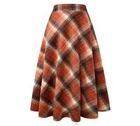 Ylingjun Long Plaid Wool Skirt for Womens Winter Fall Warm High Elastic Waist A line Flared Pleated Wool Tartan Skirts, Orange, Small