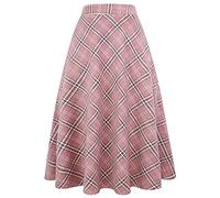 Ylingjun Long Plaid Wool Skirt for Womens Winter Fall Warm High Elastic Waist A line Flared Pleated Wool Tartan Skirts, Pink, 3XL