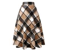 Ylingjun Long Plaid Wool Skirt for Womens Winter Fall Warm High Elastic Waist A line Flared Pleated Wool Tartan Skirts, Brown New, L
