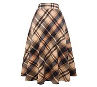 Ylingjun Long Plaid Wool Skirt for Womens Winter Fall Warm High Elastic Waist A line Flared Pleated Wool Tartan Skirts, Brown, XX-Large