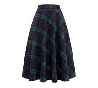 Ylingjun Long Plaid Wool Skirt for Womens Winter Fall Warm High Elastic Waist A line Flared Pleated Wool Tartan Skirts, Green, X-Small