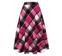 Ylingjun Long Plaid Wool Skirt for Womens Winter Fall Warm High Elastic Waist A line Flared Pleated Wool Tartan Skirts, Rose Red, Large
