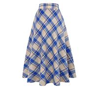 Ylingjun Long Plaid Wool Skirt for Womens Winter Fall Warm High Elastic Waist A line Flared Pleated Wool Tartan Skirts, Blue, Medium