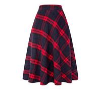 Ylingjun Long Plaid Wool Skirt for Womens Winter Fall Warm High Elastic Waist A line Flared Pleated Wool Tartan Skirts, Red, Medium