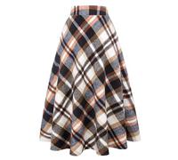 Ylingjun Long Plaid Wool Skirt for Womens Winter Fall Warm High Elastic Waist A line Flared Pleated Wool Tartan Skirts, White Brown, S