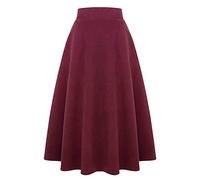 Ylingjun Long Plaid Wool Skirt for Womens Winter Fall Warm High Elastic Waist A line Flared Pleated Wool Tartan Skirts, Pure Wine, Medium