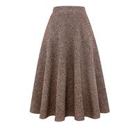 Ylingjun Long Plaid Wool Skirt for Womens Winter Fall Warm High Elastic Waist A line Flared Pleated Wool Tartan Skirts, Dark Khaki, X-Large