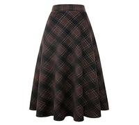 Ylingjun Long Plaid Wool Skirt for Womens Winter Fall Warm High Elastic Waist A line Flared Pleated Wool Tartan Skirts, Coffee 02, Medium