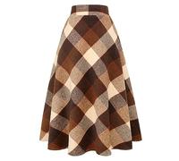 Ylingjun Long Plaid Wool Skirt for Womens Winter Fall Warm High Elastic Waist A line Flared Pleated Wool Tartan Skirts, Big Plaid Coffee, XS