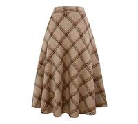 Ylingjun Long Plaid Wool Skirt for Womens Winter Fall Warm High Elastic Waist A line Flared Pleated Wool Tartan Skirts, Khaki, X-Small