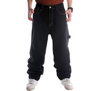 Ylingjun Mens Baggy Hip Hop Jeans Casual Loose Fit Embroidered Skateboard Denim Pants, Black 025, 32