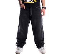 Ylingjun Mens Baggy Hip Hop Jeans Casual Loose Fit Embroidered Skateboard Denim Pants - Black - 30