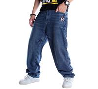 Ylingjun Mens Baggy Hip Hop Jeans Casual Loose Fit Embroidered Skateboard Denim Pants - Blue - 36