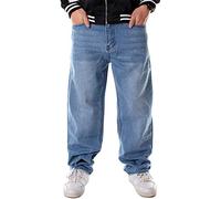 Ylingjun Mens Baggy Hip Hop Jeans Casual Loose Fit Embroidered Skateboard Denim Pants, Light Blue 022, 34