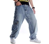 Ylingjun Mens Baggy Hip Hop Jeans Casual Loose Fit Embroidered Skateboard Denim Pants, Light Blue 101, 34