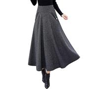 Ylingjun Warm Long Wool Skirt for Womens Winter Fall Elastic High Waisted A Line Flared Pleated Wool Skirts, Black, Medium