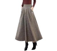Ylingjun Warm Long Wool Skirt for Womens Winter Fall Elastic High Waisted A Line Flared Pleated Wool Skirts, Khaki, S