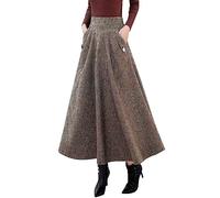 Ylingjun Warm Long Wool Skirt for Womens Winter Fall Elastic High Waisted A Line Flared Pleated Wool Skirts, Khaki, L