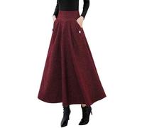 Ylingjun Warm Long Wool Skirt for Womens Winter Fall Elastic High Waisted A Line Flared Pleated Wool Skirts, Wine, L