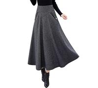 Ylingjun Warm Long Wool Skirt for Womens Winter Fall Elastic High Waisted A Line Flared Pleated Wool Skirts, Black, Medium