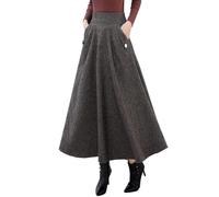 Ylingjun Warm Long Wool Skirt for Womens Winter Fall Elastic High Waisted A Line Flared Pleated Wool Skirts, Coffee, Medium