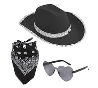 yljcrrk Cowgirl Hat, Women Sparkly Cowboy Hat with Bandana and Heart Sunglasses, Cowboy Hats for Women, Western Cow Boys Fancy Dress Costume for Birthday Halloween Bachelor Party Black