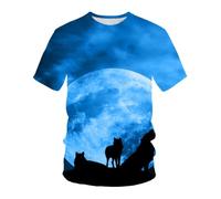 YLLMNOBN Blue Moon Wolf Howl 3D Print T-shirt, Summer Beach Vacation Men's Short Sleeve Casual Top