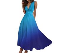 YLLQXI Women's Sleeveless Dress V-Neck Printed Tank Dress Vintage High Waist Casual Long Skirt Summer Elegant Cocktail Evening Gown Graduation Prom Cocktail Set (I-Sky Blue, L)