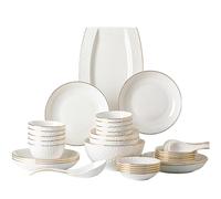 YLME 28 Piece Porcelain Dinnerware Set, White Ceramic Plates and Bowls with Gold Rim, Service for 6, Microwave & Dishwasher Safe,White
