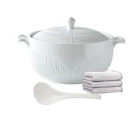 YLME White Tureen with 2 Handles, Japanese Style Kitchen Ceramic Serving Soup Bowls with Lid Ceramic Spoon Porcelain Microwave for Restaurant Home Kitchen,3000ml/2.72qt