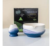 YlobdolY Ceramic Matcha Whisk Holder and Bowl Set with Black Gift Box, Traditional Handmade Groove Striped Kiln Changing Glazed Porcelain Japanese Tea Mixing Bowl Set for Whisking Matcha Blue