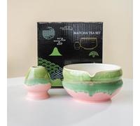 YlobdolY Ceramic Matcha Whisk Holder and Bowl Set with Black Gift Box, Traditional Handmade Groove Striped Kiln Changing Glazed Porcelain Japanese Tea Mixing Bowl Set for Whisking Matcha Green Pink